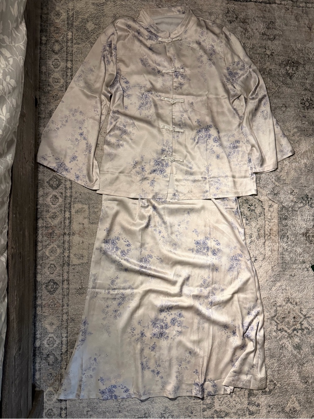 Women's Cream Satin Maxi Dress with Blue Floral Print